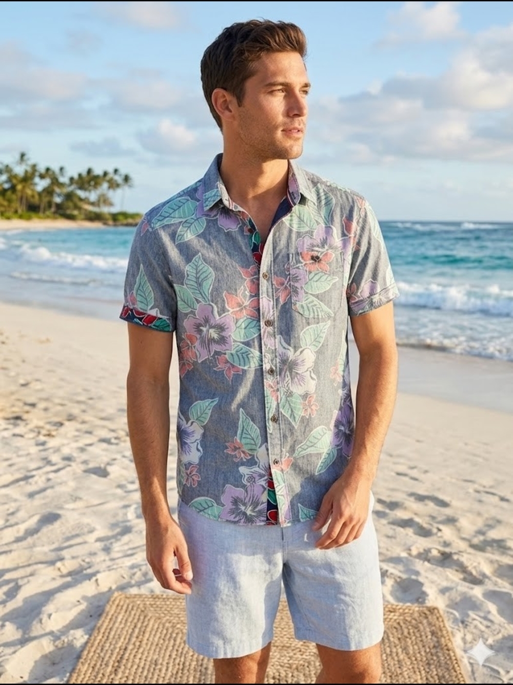 Men's Pastel Tropical Resort Shirt Floral Contrast Interior Hawaiian Aloha Beach
